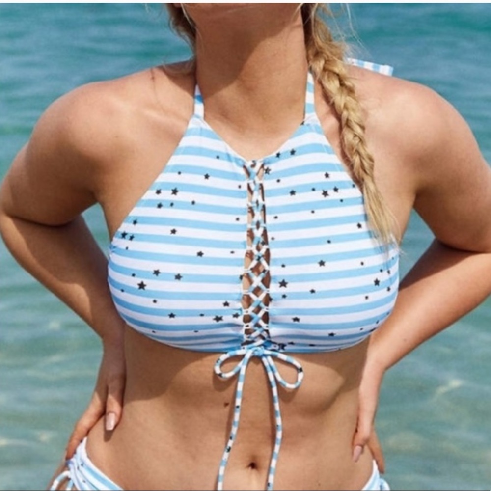 AERIE High Neck Blue White Striped Star Bikini Top